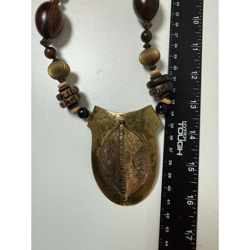 Handmade Brass Wood Statement Necklace Clip Earrings Set Boho Artisan Pendant - Picture 9 of 11